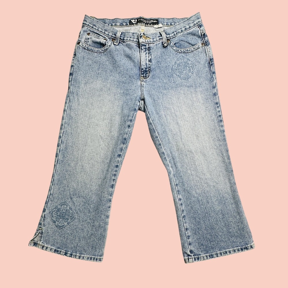 Rockies Jeans Womens 34 Light Blue Low Rise Cropped Wide Leg Side Slit Capris